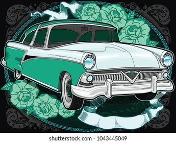 Retro vintage vector 60s, 50s automobile. Old school car with hand drawn ribbon on frame and decorative roses in classic style. Old Border on background. Vintage retro composition from 1950 , 1960. 