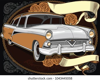 Retro vintage vector 60s, 50s automobile. Old school car with hand drawn ribbon on frame and decorative roses in classic style. Old Border on background. Vintage retro composition from 1950 , 1960. 