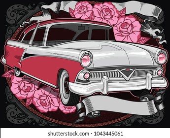 Retro vintage vector 60s, 50s automobile. Old school car with hand drawn ribbon on frame and decorative roses in classic style. Old Border on background. Vintage retro composition from 1950 , 1960. 