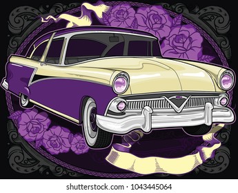 Retro vintage vector 60s, 50s automobile. Old school car with hand drawn ribbon on frame and decorative roses in classic style. Old Border on background. Vintage retro composition from 1950 , 1960. 