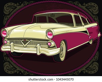 Retro vintage vector 60s, 50s automobile. Old school car on frame in classic style. Old Border on background. Vintage retro composition from 1950 , 1960. 