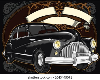 Retro vintage vector 60s, 50s automobile. Old school car with hand drawn ribbon on decorative frame in classic style. Old Border on background. Vintage retro composition from 1950 , 1960. 