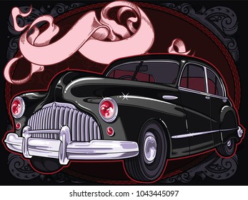 Retro vintage vector 60s, 50s automobile. Old school car with hand drawn ribbon on decorative frame in classic style. Old Border on background. Vintage retro composition from 1950 , 1960. 