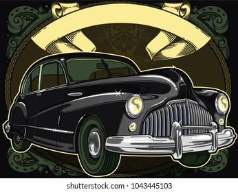 Retro vintage vector 60s, 50s automobile. Old school car with hand drawn ribbon on decorative frame in classic style. Old Border on background. Vintage retro composition from 1950 , 1960. 