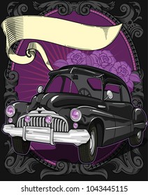 Retro vintage vector 60s, 50s automobile. Old school car with hand drawn ribbon on frame and decorative roses in classic style. Old Border on background. Vintage retro composition from 1950 , 1960. 