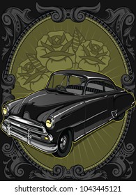 Retro vintage vector 60s, 50s automobile. Old school car with hand drawn frame and decorative roses in classic style. Old Border on background. Vintage retro composition from 1950 , 1960. 