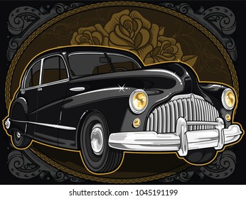 Retro vintage vector 60s, 50s automobile. Old school car with hand drawn ribbon on frame in classic style. Old Border on background. Vintage retro composition from 1950 , 1960.