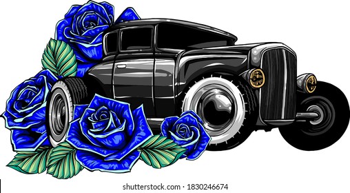 Retro vintage vector 60s, 50s automobile. Old school car with hand drawn frame and decorative roses in classic style. Old Border on background.