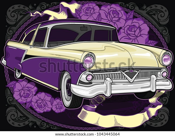Retro vintage vector 60s, 50s automobile. Old school car\
with hand drawn ribbon on frame and decorative roses in classic\
style. Old Border on background. Vintage retro composition from\
1950 , 1960. 