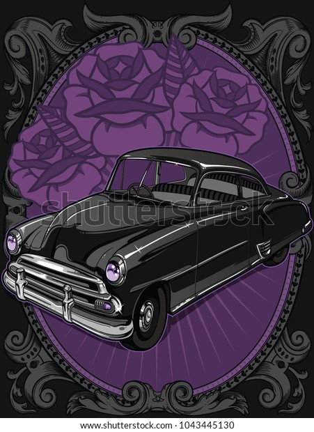 Retro vintage vector 60s, 50s automobile. Old school car\
with hand drawn decorative roses on frame in classic style. Old\
Border on background. Vintage retro composition from 1950 , 1960. \
