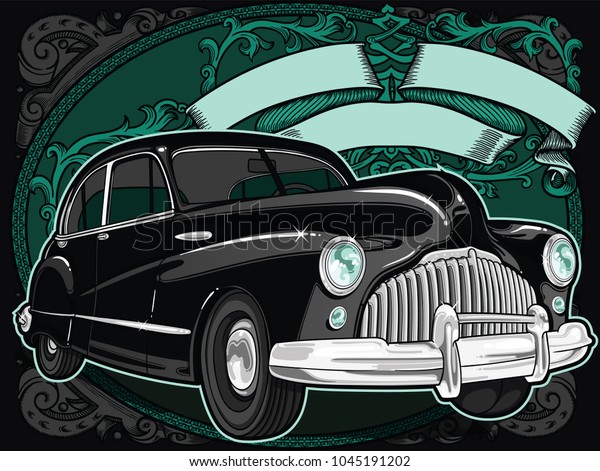 Retro vintage vector\
60s, 50s automobile. Old school car with hand drawn ribbon on frame\
in classic style. Old Border on background. Vintage retro\
composition from 1950 ,\
1960.