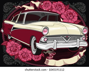 Retro vintage vector 60s,50s automobile.Old school car with hand drawn ribbon on frame in classic style. Old Border on background. Vintage retro composition from 1950,1960. Ready banner composition