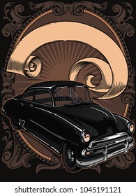 Retro vintage vector 60s,50s automobile.Old school car with hand drawn ribbon on frame in classic style. Old Border on background. Vintage retro composition from 1950,1960. Ready banner composition