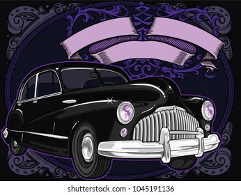 Retro vintage vector 60s,50s automobile.Old school car with hand drawn ribbon on frame in classic style. Old Border on background. Vintage retro composition from 1950,1960. Ready banner composition