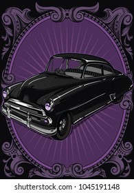 Retro vintage vector 60s,50s automobile.Old school car with hand drawn ribbon on frame in classic style. Old Border on background. Vintage retro composition from 1950,1960. Ready banner composition