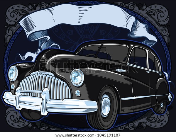 Retro vintage vector 60s,50s automobile.Old\
school car with hand drawn ribbon on frame in classic style. Old\
Border on background. Vintage retro composition from 1950,1960.\
Ready banner composition