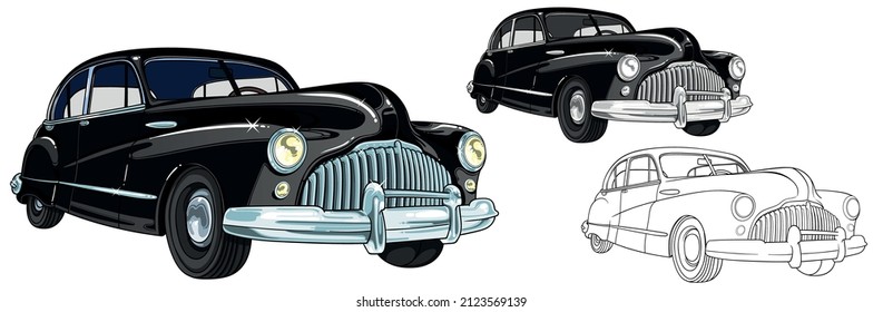 vehículo vectorial retro, automóvil de esbozo e ilustración en blanco y negro, aislado en fondo blanco