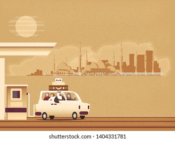 Retro vintage vector Illustration of Muslim parent with kids in traditional costume celebrating Ramadan month., at the gas station,full fill fuel tank while travel by car at high way in the desert.
