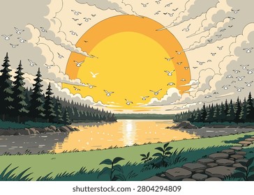Retro vintage vector landscape illustration of a stone path leading to a calm lake with a giant yellow sun, pine forest, and flying birds at sunset.