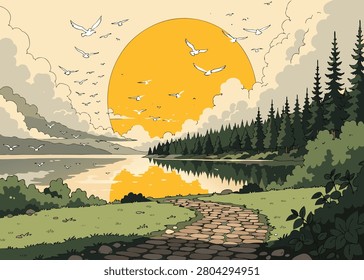 Retro vintage vector landscape illustration of a stone path leading to a calm lake with a giant yellow sun, pine forest, and flying birds at sunset.