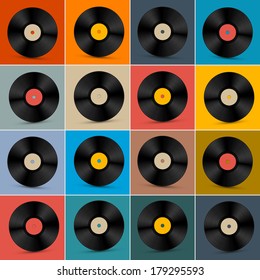 Retro, Vintage Vector Vinyl Record Disc Set on Colorful Background