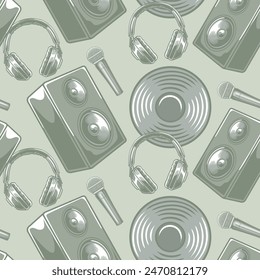 Retro Vintage Vinyl Microphone Headphone and Speaker Seamless Pattern