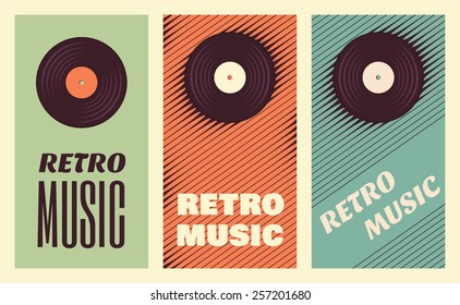 Retro, vintage vinyl record banners. Three retro music templates