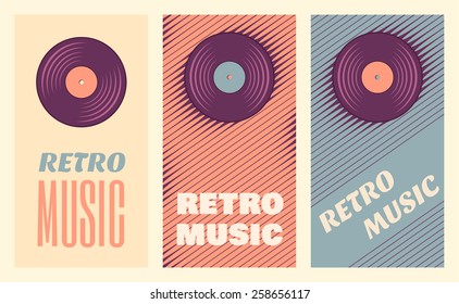 Retro, vintage vinyl record banners. Three retro music templates. Soft colored design elements