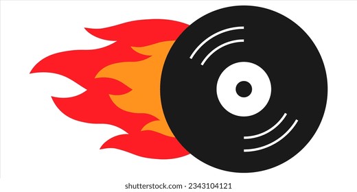 Retro vintage vinyl record icon and flames. Vector illustration. Fire flames and disk vector icon.