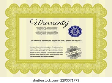 Retro vintage Warranty Certificate. Beauty design.  With background.  Customizable, Easy to edit and change colors.  Yellow color.
