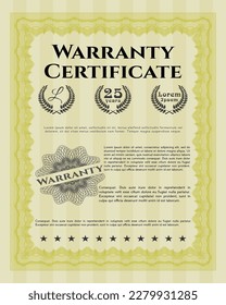 Retro vintage Warranty Certificate. Money design.  With quality background.    Yellow color.