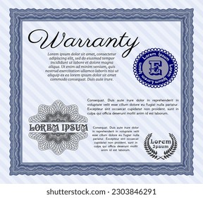 Retro vintage Warranty Certificate. Money style design.  With great quality guilloche pattern.  Detailed.  Blue color.