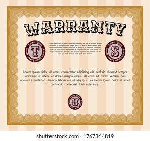 Retro vintage Warranty Certificate template. Modern design.  With guilloche pattern.  Detailed.  Orange color.