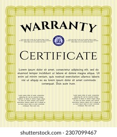 Retro vintage Warranty Certificate template. Excellent design.  With quality background.  Vector illustration.  Yellow color.