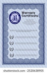 Retro vintage Warranty Certificate template. Superior design.  With linear background.  Customizable, Easy to edit and change colors.  Blue color.