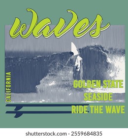 Retro Vintage waves Illustration Surfing Adventure typography vector t-shirt design