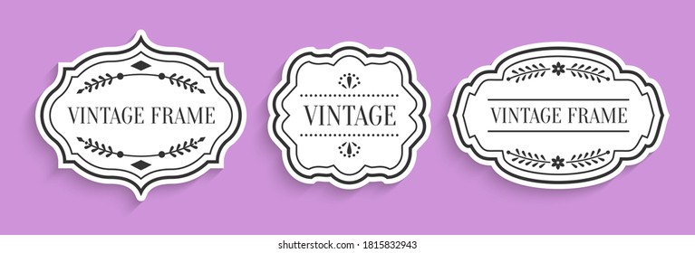 Retro vintage white labels paper cut set with shadow. Different shape empty border tag menu sale price with decorative elements. Package template for text banner, sticker. Isolated vector illustration