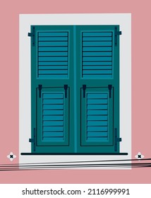 Retro vintage  Windows, shutters. House Exterior. Hand drawn colored Vector illustrations. All elements are isolated  suitable for posters, banners, cards, brochures or covers.