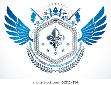 Retro vintage winged Insignia made with vector design elements and created using lily flower, monarch crown and stars