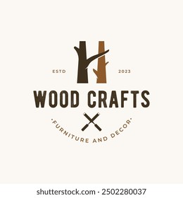 Retro Vintage Holz und Holzwerkzeuge Logo. Logo-Design für Zimmermann, alte Plakette, Möbel.