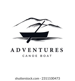 Retro Vintage Wooden Canoe with mountain background in isolated vector illustration