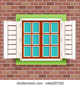 Retro vintage wooden window on red raw brick wall seamless pattern decoration background vector illustration