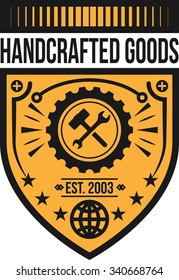 Retro vintage workshop badge in shield shape logo label vector. GENUINE AUTHENTIC HANDCRAFTED QUALITY GOODS
