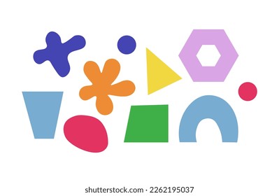 Retro vintage y2k geometric abstract shapes set. Colorful triangles, circles, rainbow.