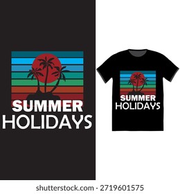 A retro, vintage-style t-shirt design featuring the white text "SUMMER HOLIDAYS" and a graphic of palm tree silhouettes against a horizontal, multi-colored sunset or sunrise background. The design has a tropical, beachy feel and is suitable for apparel, posters, and merchandise.