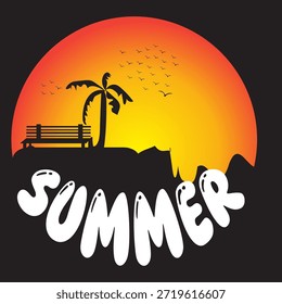 Un diseño de camiseta de estilo retro y vintage con el texto blanco "SUMMER" en una fuente atrevida de estilo burbuja. El gráfico representa una escena de playa con una palmera, un banco del parque y pájaros voladores silueteados contra una Grande puesta de sol o salida del sol multicolor. Esta Ilustración vectorial es conveniente para la impresión de la ropa, la Mercancía, y los carteles