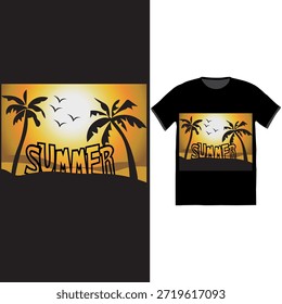 Um retro, vintage-estilo t-shirt design com o texto branco "VERÃO" em um negrito, fonte de efeito 3D. O gráfico retrata silhuetas de palmeiras contra um pôr do sol ou um fundo do nascer do sol vibrante e multicolorido, com pássaros voando acima do horizonte do oceano. Esta ilustração vetorial é adequada para impressão de vestuário, mercadorias e cartazes.