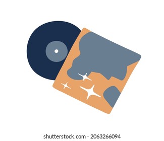 Retro vinyl album cover and LP disc. Old vintage music record on black disk of 60s. Oldschool nostalgic plastic vynil for gramophone. Flat vector illustration isolated on white background