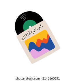 Retro vinyl disk in the cover. Old music plate. Hand drawn colorful vector illustration isolated on white background in modern trendy flat cartoon style.