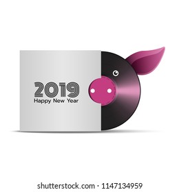 Retro vinyl disk in sleeve or cover stylized pig head with pink nose - symbol Happy New Year of the Pig 2019. Vector illustration.